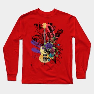 Grunge yellow guitar with roses Long Sleeve T-Shirt